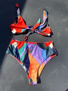 Abstract Multicolor Tie-Front Bikini Set, Size Small, NWOT